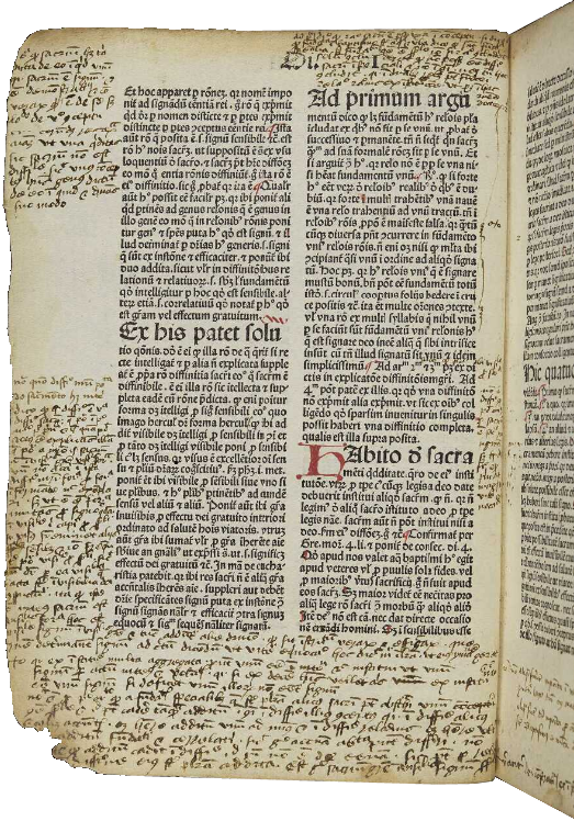 A heavily annotated page from DCL Inc. 21b, Duns Scotus' Commentary on Peter Lombard's Sentences