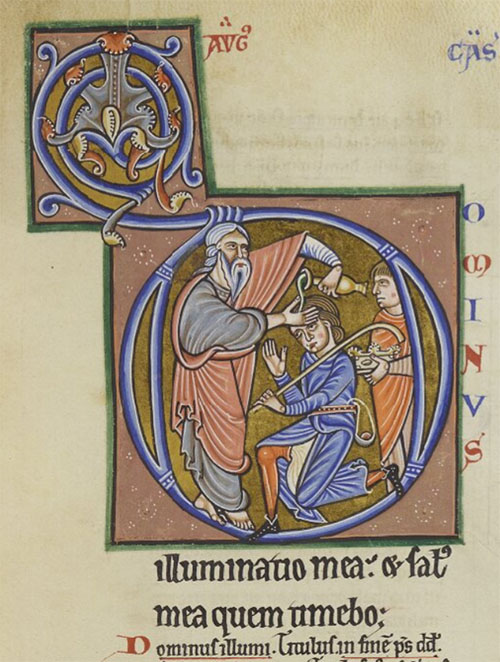 Durham Cathedral Library MS A.II.9 f.63r, Samuel anointing David